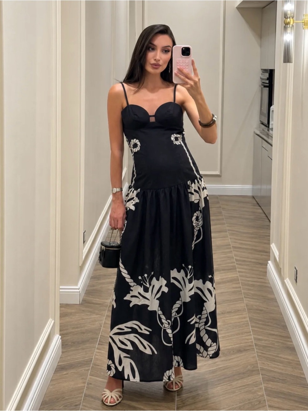 Black & crem Floral Maxi Dress with Spaghetti Straps. Printed Cami Maxi Dress - Picture 2 of 10